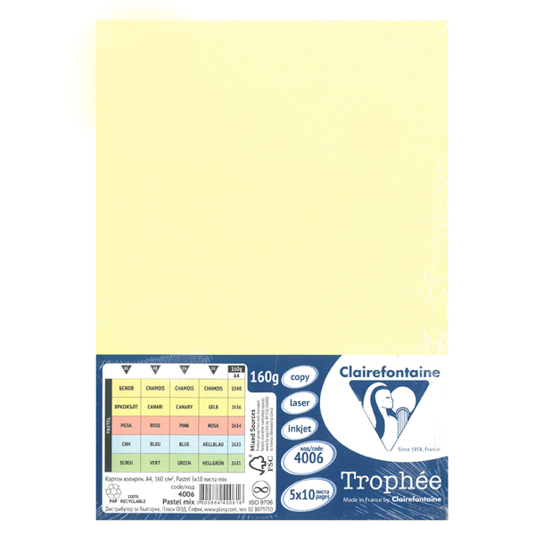 Цв. хартия Clairefontaine А4, 160гр., 5х10, пастел
