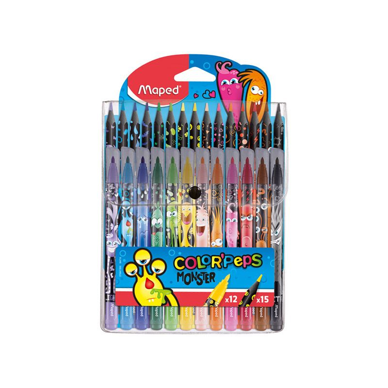 Комплект Maped Monster 15цв.моливи +12цв.флумастери 