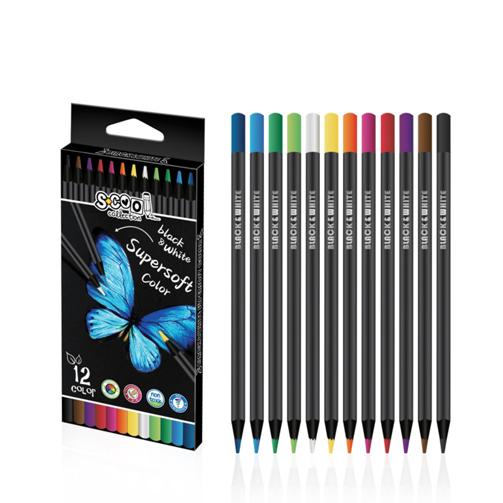 Цв. моливи Scool Black White, 12цв., 2492